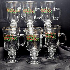 6 Libbey Holly Ribbons Irish Coffee Glasses 5.5" Christmas latte hot cocoa vtg